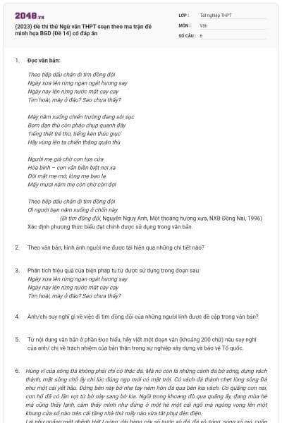 (2023) Đề thi thử Ngữ văn THPT soạn theo ma trận đề minh họa BGD (Đề 14) có đáp án