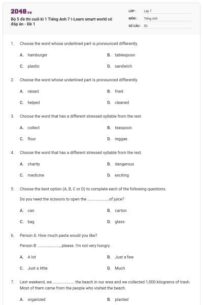 Bộ 5 đề thi cuối kì 1 Tiếng Anh 7 i-Learn smart world có đáp án - Đề 1