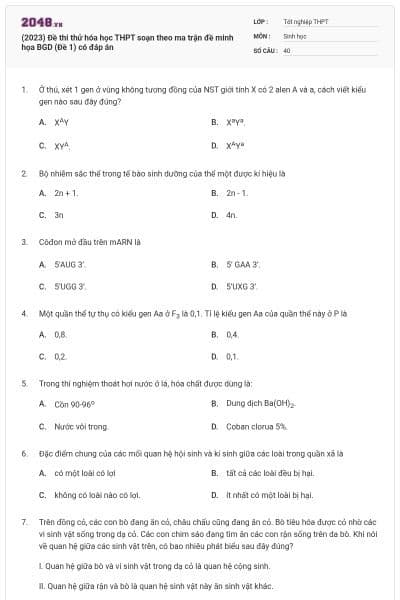(2023) Đề thi thử hóa học THPT soạn theo ma trận đề minh họa BGD (Đề 1) có đáp án