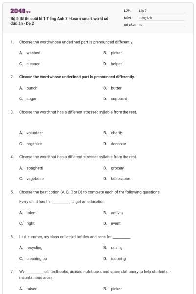 Bộ 5 đề thi cuối kì 1 Tiếng Anh 7 i-Learn smart world có đáp án - Đề 2