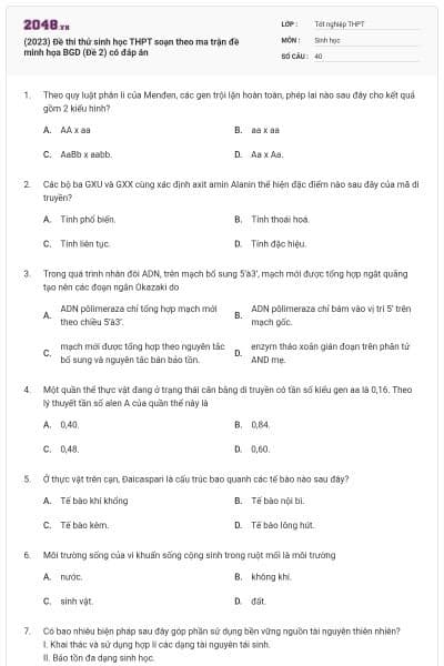(2023) Đề thi thử sinh học THPT soạn theo ma trận đề minh họa BGD (Đề 2) có đáp án