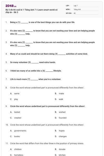 Bộ 5 đề thi cuối kì 1 Tiếng Anh 7 i-Learn smart world có đáp án - Đề 3