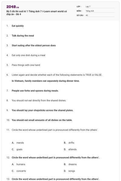 Bộ 5 đề thi cuối kì 1 Tiếng Anh 7 i-Learn smart world có đáp án - Đề 4