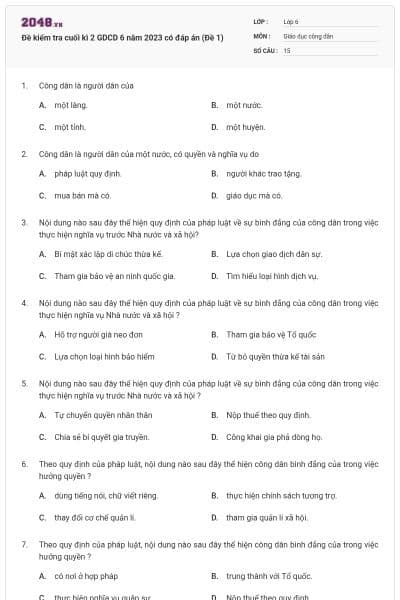 Đề kiểm tra cuối kì 2 GDCD 6 năm 2023 có đáp án (Đề 1)
