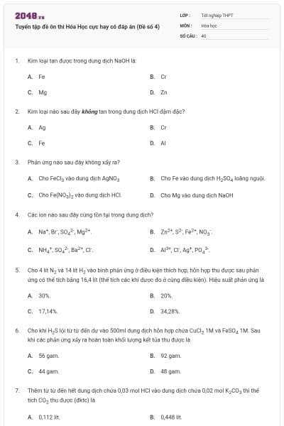 Tuyển tập đề ôn thi Hóa Học cực hay có đáp án (Đề số 4)