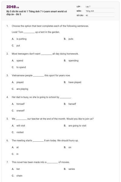 Bộ 5 đề thi cuối kì 1 Tiếng Anh 7 i-Learn smart world có đáp án - Đề 5
