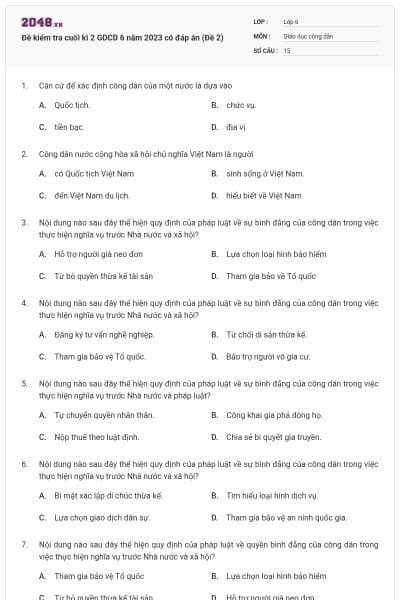 Đề kiểm tra cuối kì 2 GDCD 6 năm 2023 có đáp án (Đề 2)