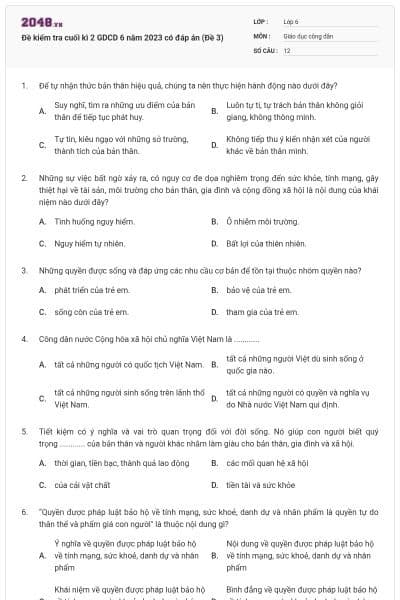 Đề kiểm tra cuối kì 2 GDCD 6 năm 2023 có đáp án (Đề 3)