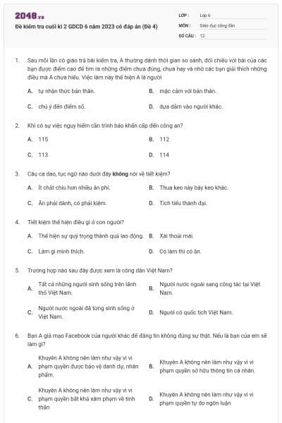 Đề kiểm tra cuối kì 2 GDCD 6 năm 2023 có đáp án (Đề 4)