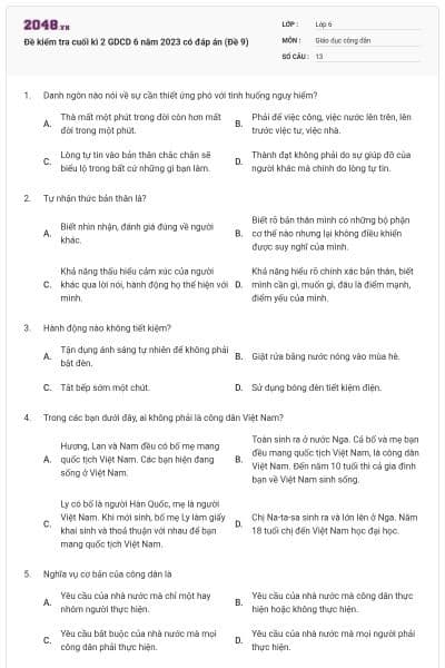 Đề kiểm tra cuối kì 2 GDCD 6 năm 2023 có đáp án (Đề 9)