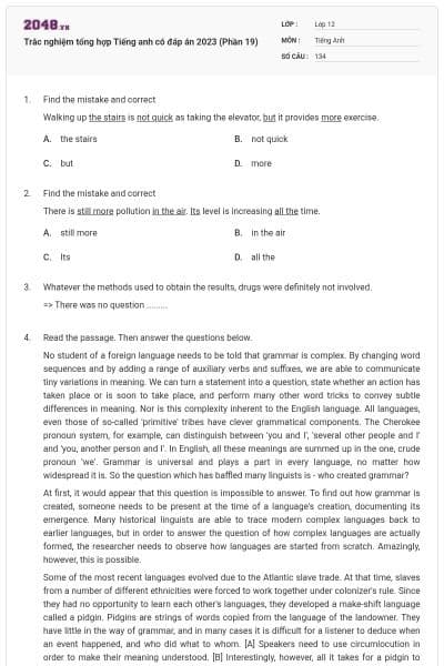 Trắc nghiệm tổng hợp Tiếng anh có đáp án 2023 (Phần 19)