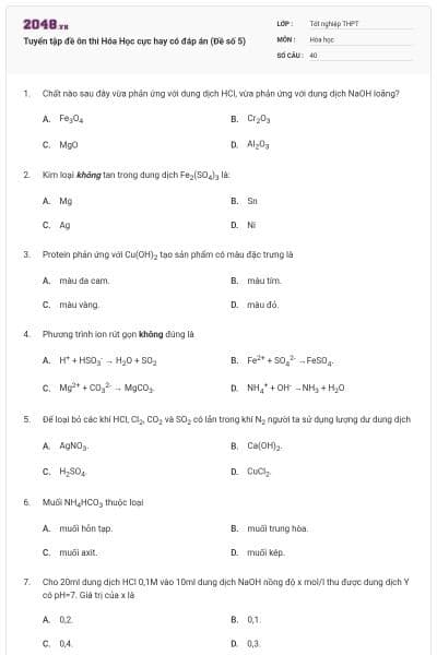 Tuyển tập đề ôn thi Hóa Học cực hay có đáp án (Đề số 5)