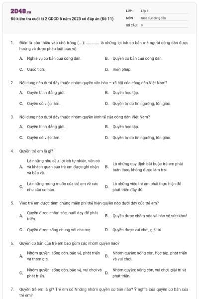 Đề kiểm tra cuối kì 2 GDCD 6 năm 2023 có đáp án (Đề 11)