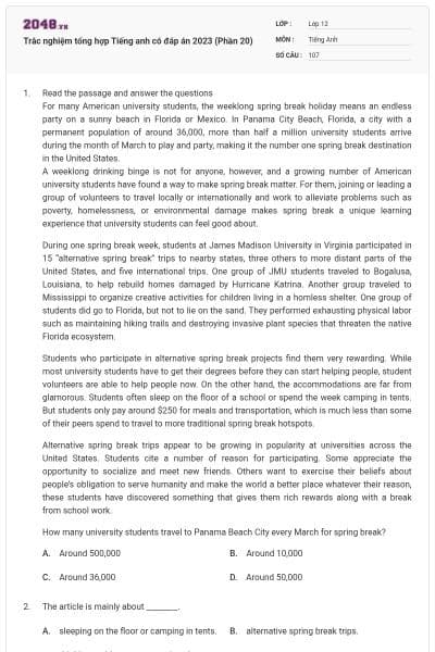 Trắc nghiệm tổng hợp Tiếng anh có đáp án 2023 (Phần 20)