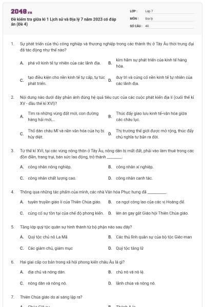 Đề kiểm tra giữa kì 1 Lịch sử và Địa lý 7 năm 2023 có đáp án (Đề 4)