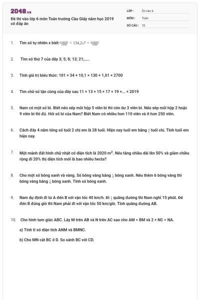 Đề thi vào lớp 6 môn Toán trường Cầu Giấy năm học 2019 có đáp án