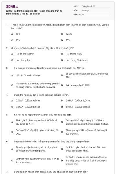 (2023) Đề thi thử sinh học THPT soạn theo ma trận đề minh họa BGD (Đề 13) có đáp án
