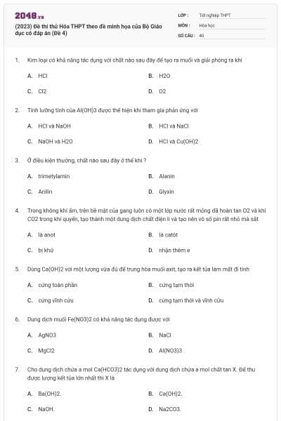 (2023) Đề thi thử Hóa THPT theo đề minh họa của Bộ Giáo dục có đáp án (Đề 4)