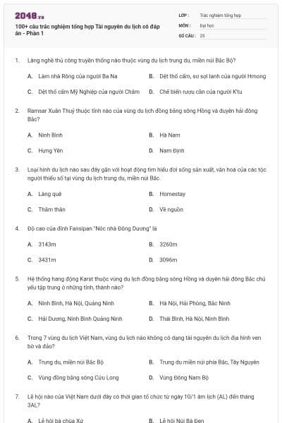 100+ câu trắc nghiệm tổng hợp Tài nguyên du lịch có đáp án - Phần 1