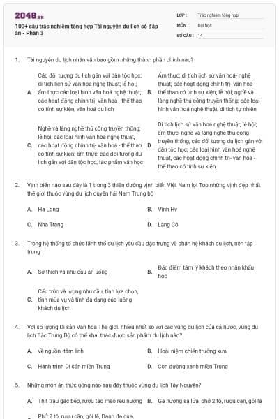 100+ câu trắc nghiệm tổng hợp Tài nguyên du lịch có đáp án - Phần 3