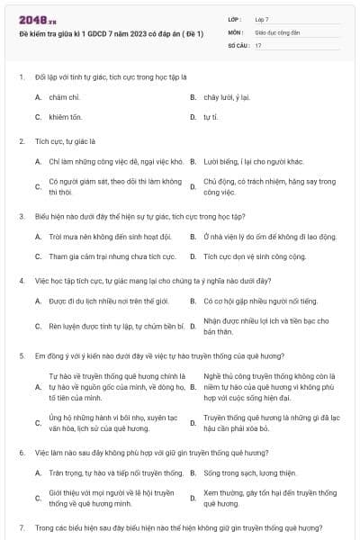 Đề kiểm tra giữa kì 1 GDCD 7 năm 2023 có đáp án ( Đề 1)