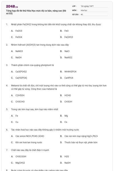 Tổng hợp đề thi thử Hóa Học mức độ cơ bản, nâng cao (Đề số 03)