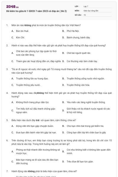 Đề kiểm tra giữa kì 1 GDCD 7 năm 2023 có đáp án ( Đề 2)