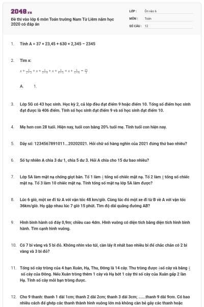 Đề thi vào lớp 6 môn Toán trường Nam Từ Liêm năm học 2020 có đáp án