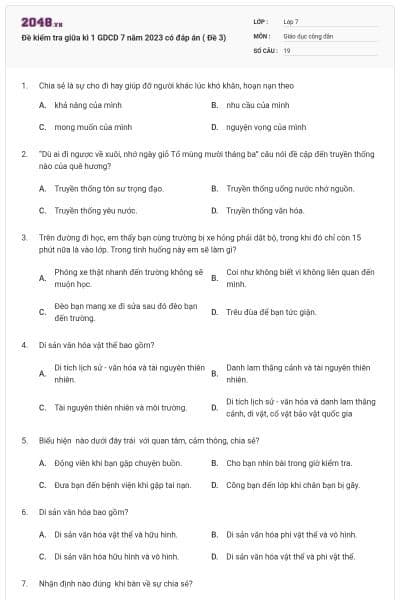 Đề kiểm tra giữa kì 1 GDCD 7 năm 2023 có đáp án ( Đề 3)