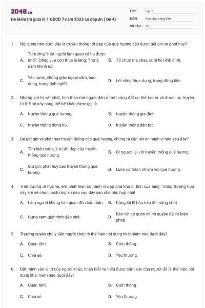 Đề kiểm tra giữa kì 1 GDCD 7 năm 2023 có đáp án ( Đề 4)