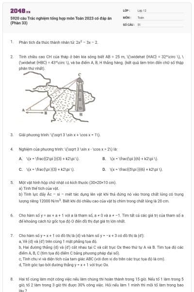 5920 câu Trắc nghiệm tổng hợp môn Toán 2023 có đáp án (Phần 33)