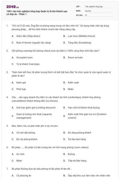 100+ câu trắc nghiệm tổng hợp Quản trị lễ tân khách sạn có đáp án - Phần 1