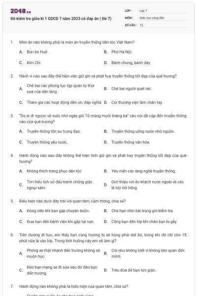 Đề kiểm tra giữa kì 1 GDCD 7 năm 2023 có đáp án ( Đề 7)
