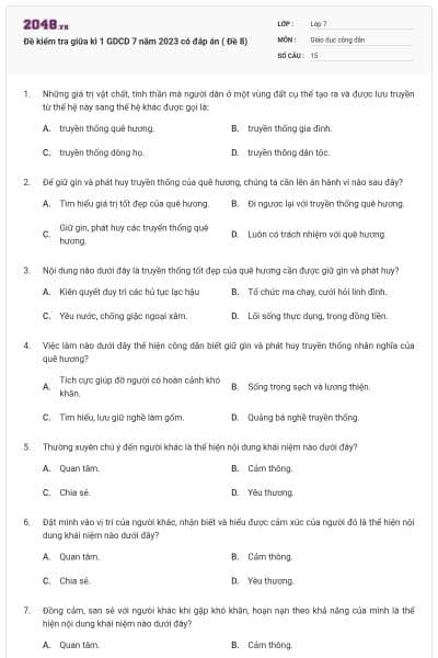 Đề kiểm tra giữa kì 1 GDCD 7 năm 2023 có đáp án ( Đề 8)