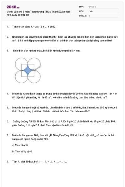 Đề thi vào lớp 6 môn Toán trường THCS Thanh Xuân năm học 2022 có đáp án