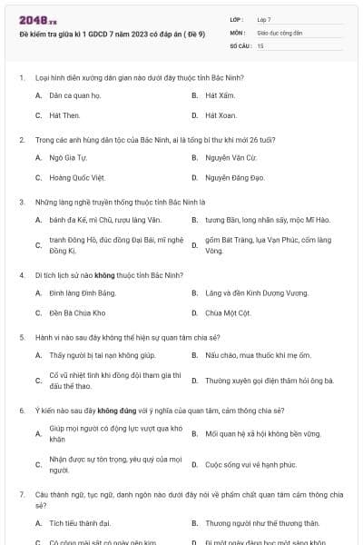 Đề kiểm tra giữa kì 1 GDCD 7 năm 2023 có đáp án ( Đề 9)