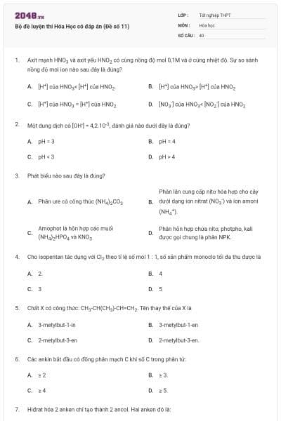 Bộ đề luyện thi Hóa Học có đáp án (Đề số 11)