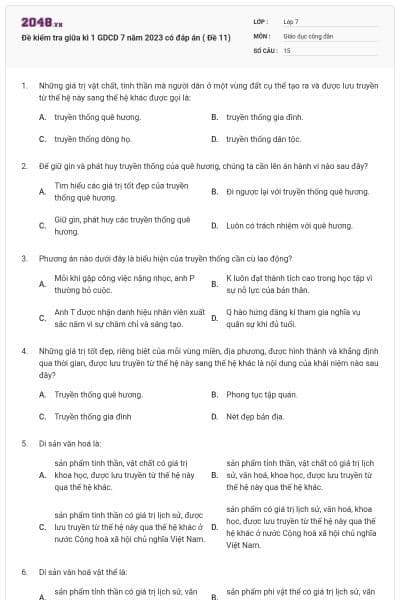 Đề kiểm tra giữa kì 1 GDCD 7 năm 2023 có đáp án ( Đề 11)