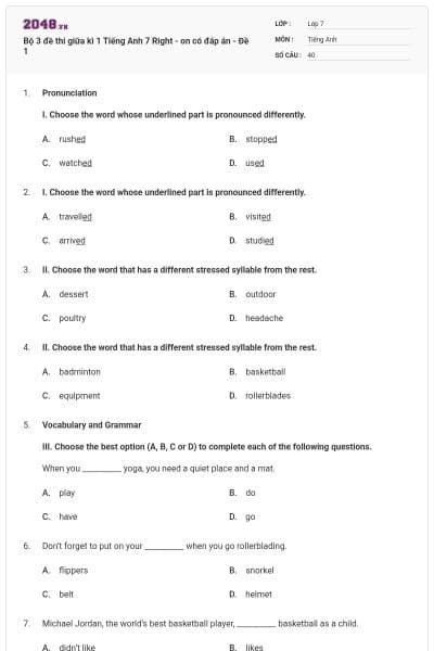 Bộ 3 đề thi giữa kì 1 Tiếng Anh 7 Right - on có đáp án - Đề 1