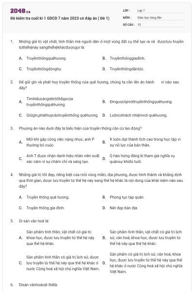Đề kiểm tra cuối kì 1 GDCD 7 năm 2023 có đáp án ( Đề 1)