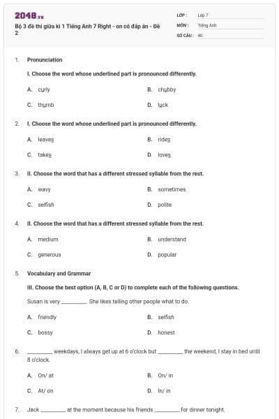 Bộ 3 đề thi giữa kì 1 Tiếng Anh 7 Right - on có đáp án - Đề 2
