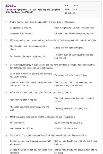 14 câu Trắc nghiệm Địa Lí 11 Bài 10 (có đáp án): Cộng Hòa Nhân Dân Trung Hoa (Phần 2)