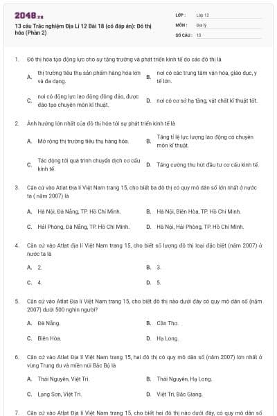 13 câu Trắc nghiệm Địa Lí 12 Bài 18 (có đáp án): Đô thị hóa (Phần 2)