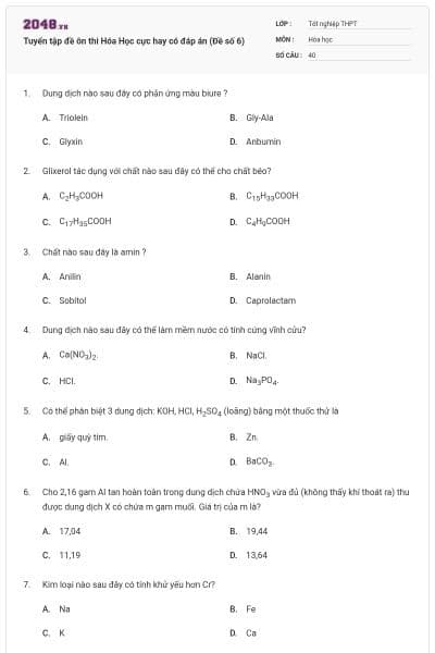 Tuyển tập đề ôn thi Hóa Học cực hay có đáp án (Đề số 6)