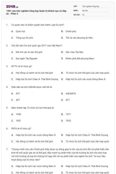 100+ câu trắc nghiệm tổng hợp Quản trị khách sạn có đáp án - Phần 3