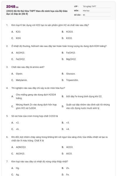 (2023) Đề thi thử Hóa THPT theo đề minh họa của Bộ Giáo dục có đáp án (Đề 8)
