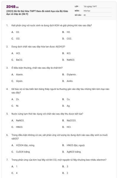 (2023) Đề thi thử Hóa THPT theo đề minh họa của Bộ Giáo dục có đáp án (Đề 9)