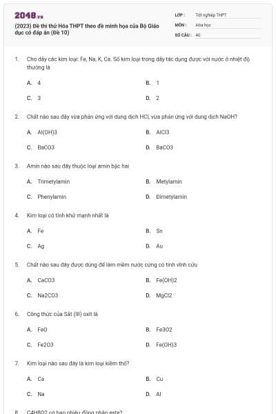 (2023) Đề thi thử Hóa THPT theo đề minh họa của Bộ Giáo dục có đáp án (Đề 10)