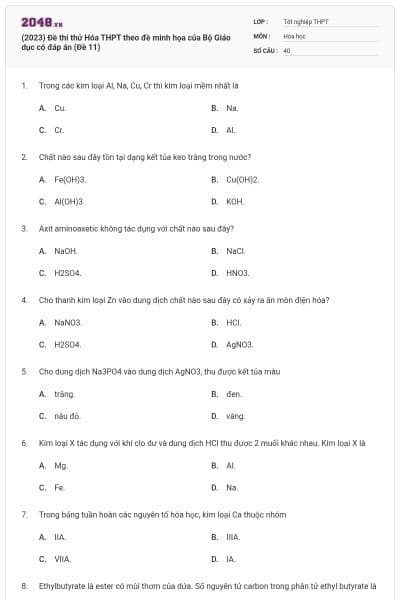 (2023) Đề thi thử Hóa THPT theo đề minh họa của Bộ Giáo dục có đáp án (Đề 11)