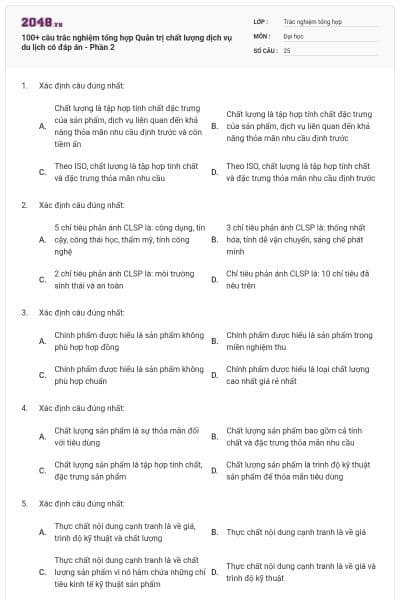 100+ câu trắc nghiệm tổng hợp Quản trị chất lượng dịch vụ du lịch có đáp án - Phần 2